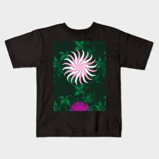 White, Pink, Cerise and Purple Flowers on a Vine Leaves and Forest Green background Kids T-Shirt